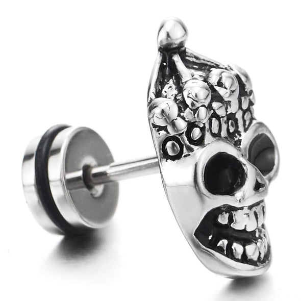Pair Mens Vintage Laughing Clown Skull Stud Earrings in Stainless Steel, Punk Rock Biker, Screw Back - coolsteelandbeyond