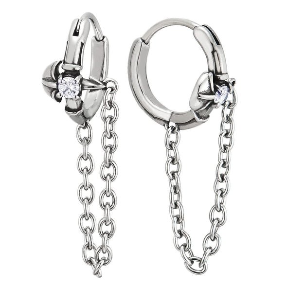Pair Mens Women Steel Cross Circle Huggie Hinged Hoop Earrings with Cubic Zirconia and Chain - COOLSTEELANDBEYOND Jewelry