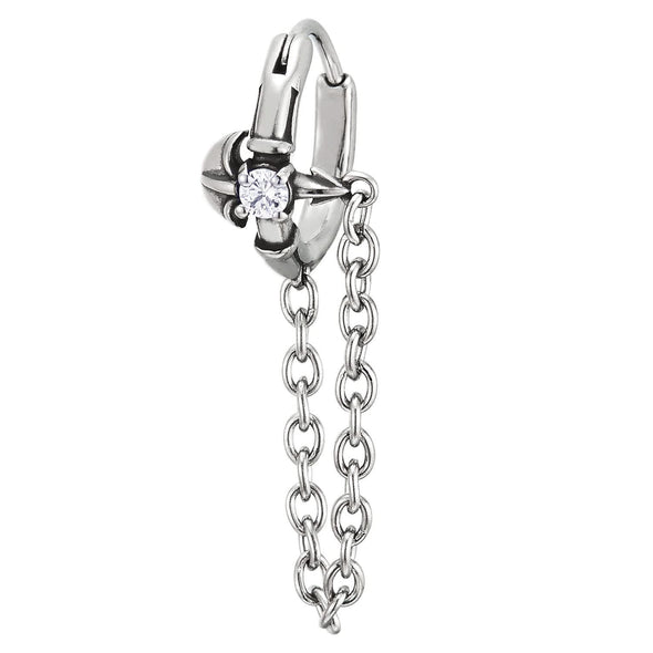 Pair Mens Women Steel Cross Circle Huggie Hinged Hoop Earrings with Cubic Zirconia and Chain - COOLSTEELANDBEYOND Jewelry