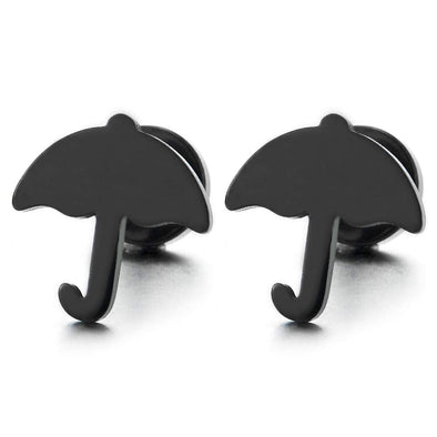 Pair Mens Womens Black Plain Umbrella Stud Earrings Stainless Steel, Screw Back - COOLSTEELANDBEYOND Jewelry