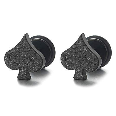Pair Mens Womens Black Satin Spade Stud Earrings Stainless Steel, Screw Back, Unique - coolsteelandbeyond