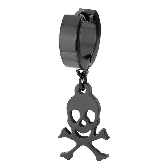 Pair Mens Womens Black Stainless Steel Huggie Hinged Hoop Earrings with Dangling Pirate Skull - COOLSTEELANDBEYOND Jewelry