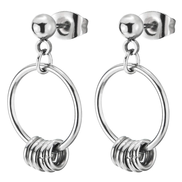 Pair Mens Womens Stainless Steel Bead Ball Stud Earrings with Open Circles Charms - COOLSTEELANDBEYOND Jewelry