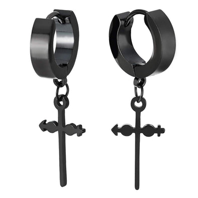 Pair Mens Womens Stainless Steel Black Huggie Hinged Hoop Earrings with Dangling Arrow Head Cross - COOLSTEELANDBEYOND Jewelry