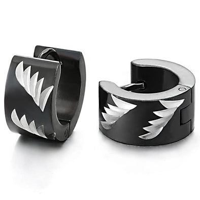 Pair Mens Womens Stainless Steel Black Huggie Hinged Hoop Earrings with Grooved Laser Pattern - COOLSTEELANDBEYOND Jewelry