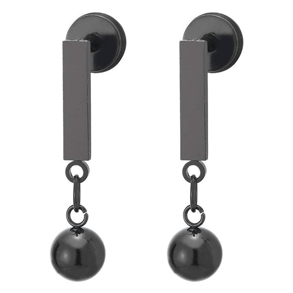 Pair Mens Womens Stainless Steel Black Rectangle Bar Stud Earrings with Dangling Ball, Screw Back - coolsteelandbeyond