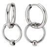 Pair Mens Womens Stainless Steel Huggie Hinged Hoop Earrings with Dangling Circle and Bead - COOLSTEELANDBEYOND Jewelry
