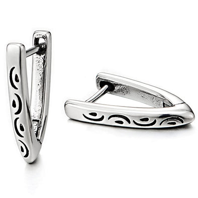 Pair Mens Womens Stainless Steel V-shape Huggie Hinged Hoop Earrings with Tribal Tattoo Pattern - COOLSTEELANDBEYOND Jewelry