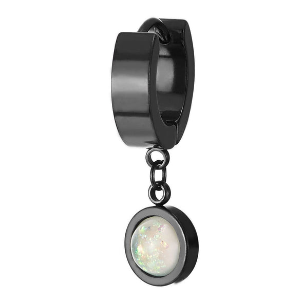 Pair Mens Womens Steel Black Huggie Hinged Hoop Earrings with Dangling Circle of Colorful Resin Bead - COOLSTEELANDBEYOND Jewelry