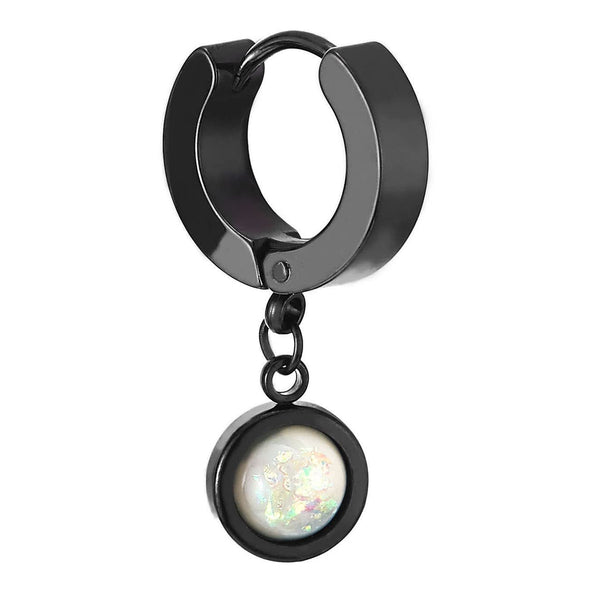 Pair Mens Womens Steel Black Huggie Hinged Hoop Earrings with Dangling Circle of Colorful Resin Bead - COOLSTEELANDBEYOND Jewelry