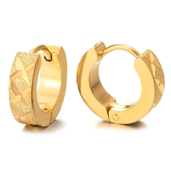 Pair Mens Womens Steel Gold Color Huggie Hinged Hoop Earrings with X Cross Laser Pattern, Satin - coolsteelandbeyond