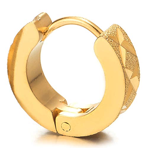 Pair Mens Womens Steel Gold Color Huggie Hinged Hoop Earrings with X Cross Laser Pattern, Satin - coolsteelandbeyond
