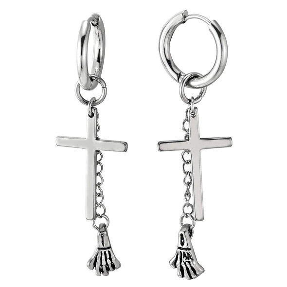 Pair Mens Womens Steel Huggie Hinged Hoop Earrings with Dangling Long Chain Hand Skeleton and Cross - COOLSTEELANDBEYOND Jewelry