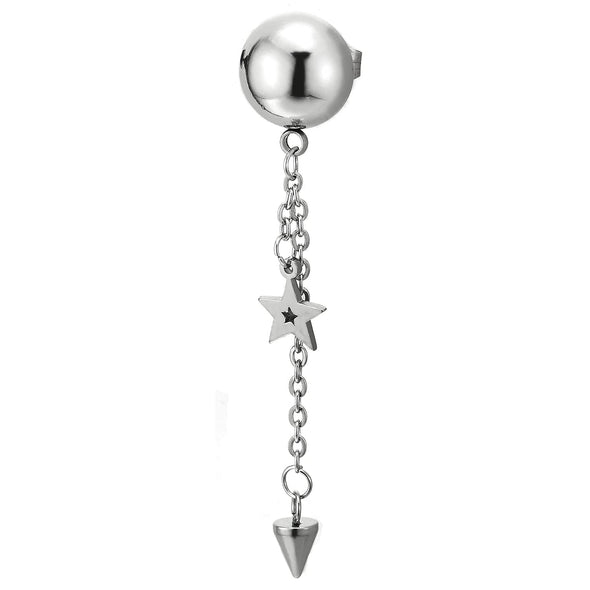 Pair Mens Womens Steel Polished Half Ball Dome Stud Earrings with Chain Dangling Cone and Open Star - COOLSTEELANDBEYOND Jewelry