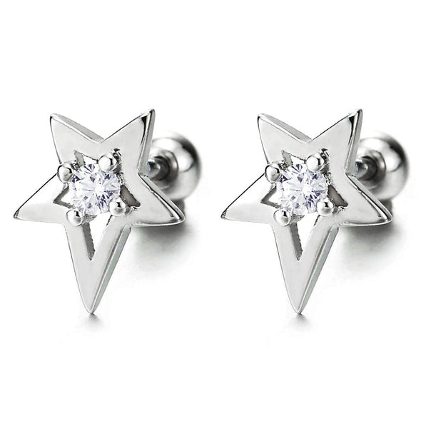 Pair Mens Womens Steel Shooting Star Pentagram Stud Earrings with Cubic Zirconia, Screw Back - COOLSTEELANDBEYOND Jewelry