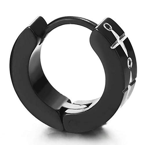 Pair Mens Womens Steel Silver Black Huggie Hinged Hoop Earrings with Cross Circle Laser Pattern