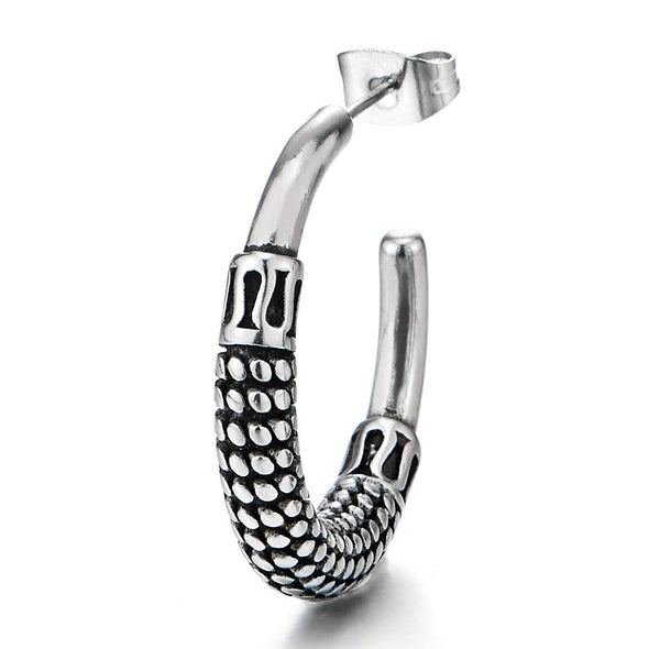 Pair Mens Womens Vintage Link Dots Horn Tail Half Huggie Hinged Hoop Earrings Stainless Steel