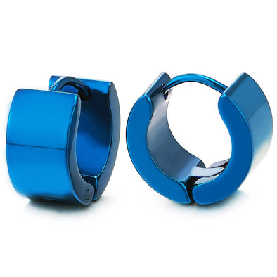 Pair of Blue Huggie Hinged Hoop Earrings Unisex Men Women - COOLSTEELANDBEYOND Jewelry