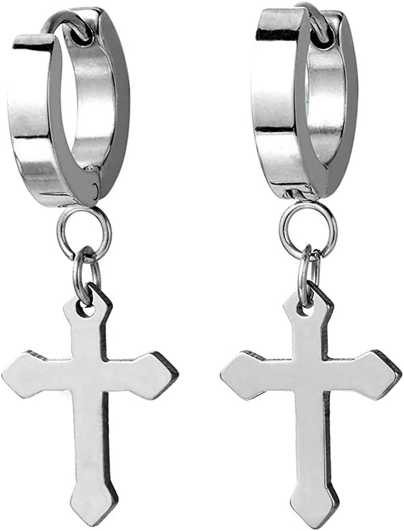 Pair of Gold Huggie Hinged Hoop Earrings with Cross Unisex Men Women - COOLSTEELANDBEYOND Jewelry