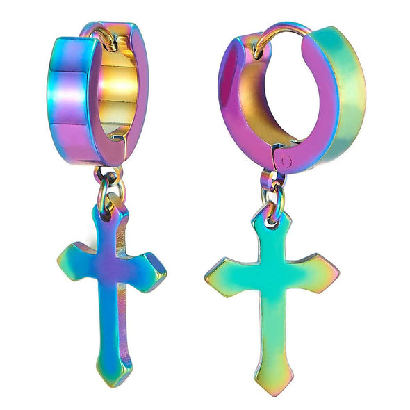 Pair of Gold Huggie Hinged Hoop Earrings with Cross Unisex Men Women - coolsteelandbeyond
