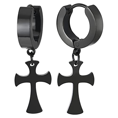 Pair of Stainless Steel Black Huggie Hinged Hoop Earrings with Dangling Cross Unisex Men Women - COOLSTEELANDBEYOND Jewelry