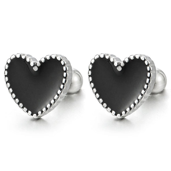 Pair of Stainless Steel Heart Stud Earrings with Black Enamel for Women, Screw Back - COOLSTEELANDBEYOND Jewelry