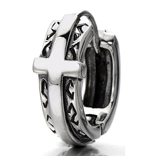Pair of Vintage Huggie Hinged Hoop Earrings Stainless Steel with Cross Unisex Men Women - coolsteelandbeyond
