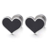 Pair of Womens Stainless Steel Flat Heart Stud Earrings with Black Enamel, Screw Back - COOLSTEELANDBEYOND Jewelry