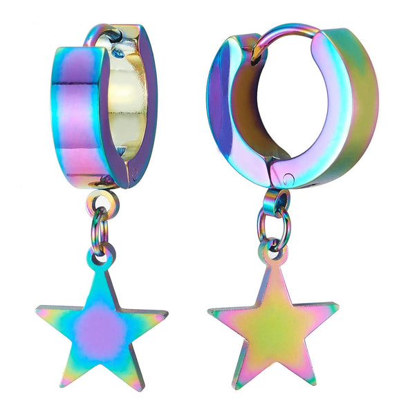 Pair Rainbow Stainless Steel Huggie Hinged Hoop Earrings with Dangling Star Pentagram, Men Women