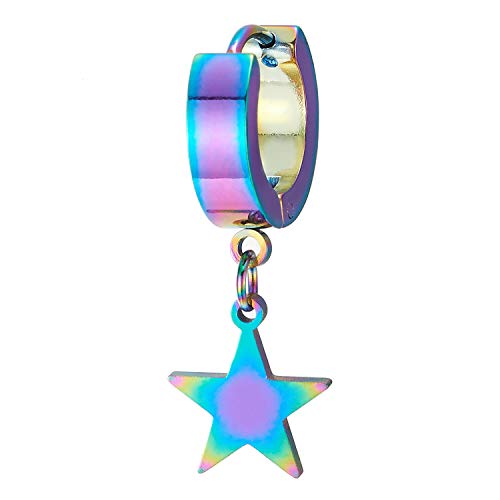 Pair Rainbow Stainless Steel Huggie Hinged Hoop Earrings with Dangling Star Pentagram, Men Women