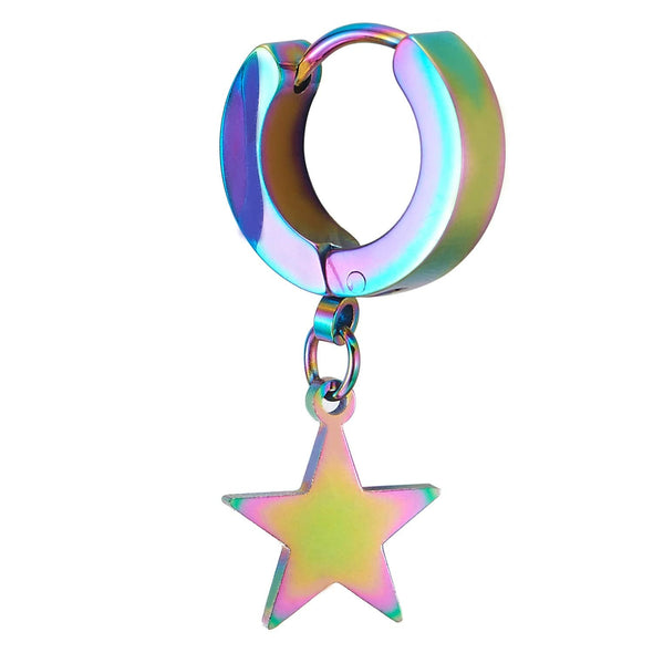 Pair Rainbow Stainless Steel Huggie Hinged Hoop Earrings with Dangling Star Pentagram, Men Women