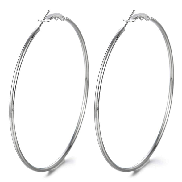 Pair Silver Color Stainless Steel Large Plain Circle Huggie Hinged Hoop Earrings for Women - COOLSTEELANDBEYOND Jewelry