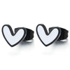 Pair Small Black Flat Heart Stud Earrings with White Enamel, Stainless Steel Womens - COOLSTEELANDBEYOND Jewelry