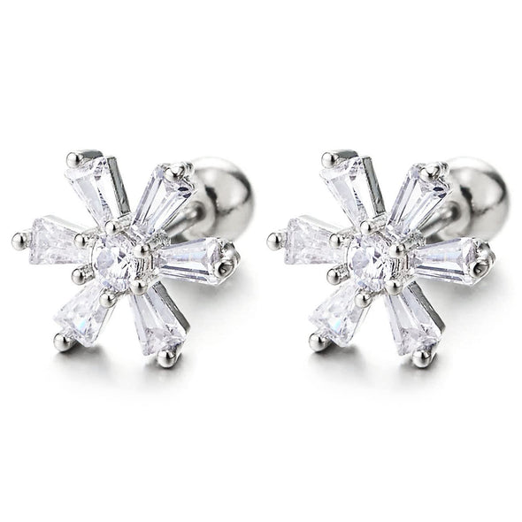 Pair Sparkling Steel Firework Flower Stud Earrings with Cubic Zirconia for Women, Screw Back - COOLSTEELANDBEYOND Jewelry