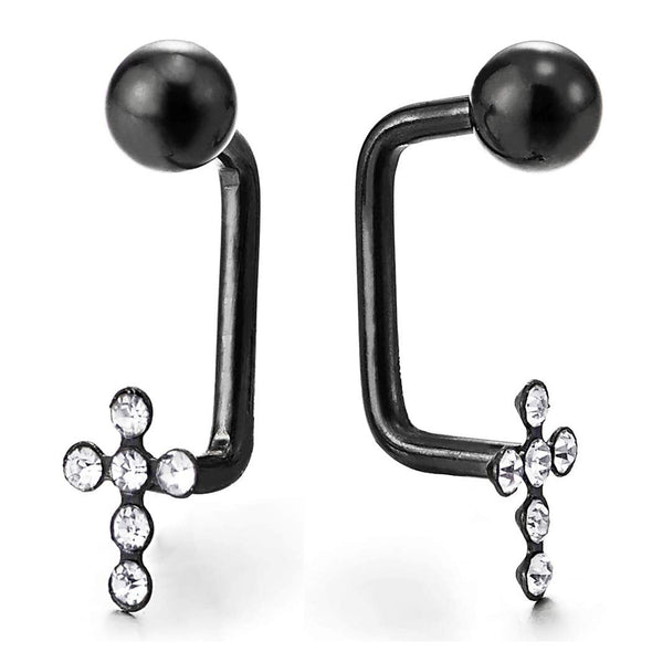 Pair Stainless Steel Black Bead Half Huggie Hinged Earrings with Cubic Zirconia Cross, Man Women