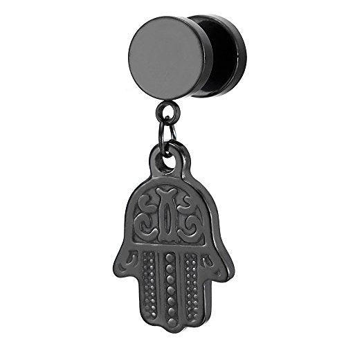 Pair Stainless Steel Black Screw Stud Earrings with Dangling Hamsa Hand of Fatima for Men Women