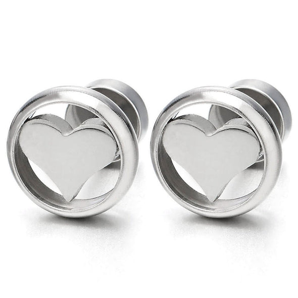 Pair Stainless Steel Circle Heart Stud Earrings for Women, Screw Back - COOLSTEELANDBEYOND Jewelry