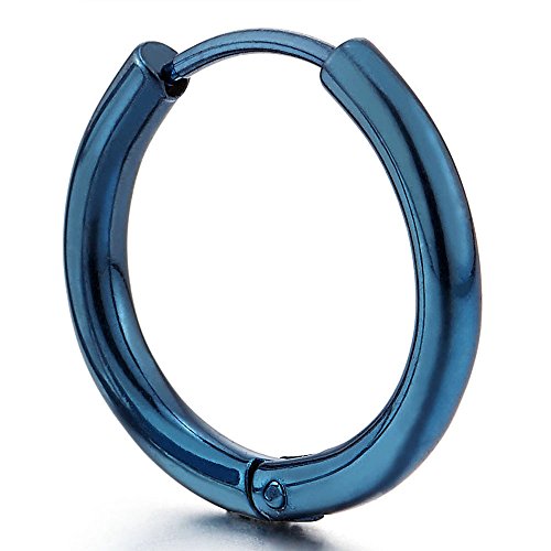 Pair Stainless Steel Blue Circle Huggie Hinged Hoop Earrings for Men Women - coolsteelandbeyond