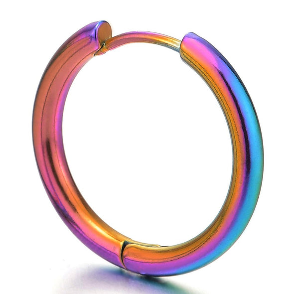 Pair Stainless Steel Colorful Plain Circle Huggie Hinged Hoop Earrings for Men Women - COOLSTEELANDBEYOND Jewelry