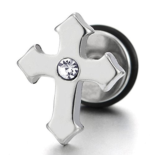 Pair Stainless Steel Cross Stud Earrings with Cubic Zirconia for Man and Women, Screw Back