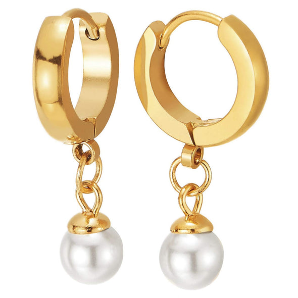 Pair Stainless Steel Gold Color Huggie Hinged Hoop Earrings for Women with Dangling Pearl, Exquisite - COOLSTEELANDBEYOND Jewelry