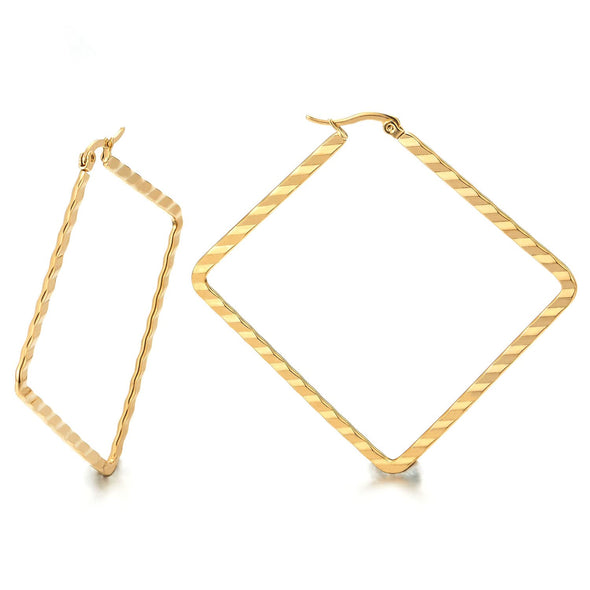 Pair Stainless Steel Gold Color Large Grooved Stripes Square Huggie Hinged Hoop Earrings for Women - COOLSTEELANDBEYOND Jewelry