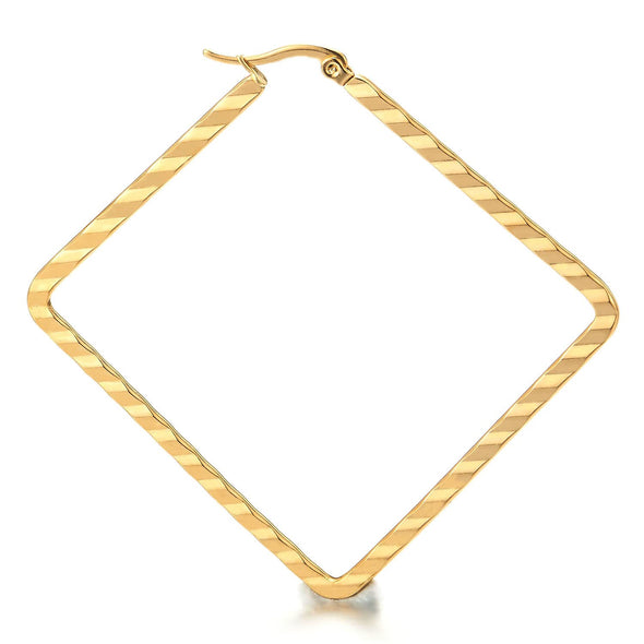 Pair Stainless Steel Gold Color Large Grooved Stripes Square Huggie Hinged Hoop Earrings for Women - COOLSTEELANDBEYOND Jewelry