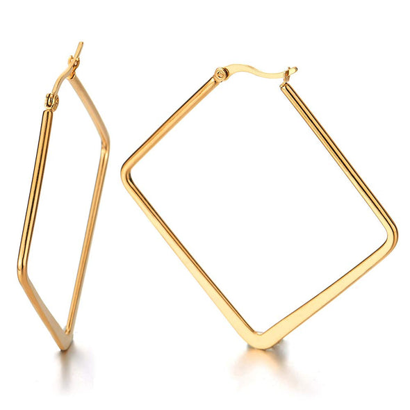 Pair Stainless Steel Gold Color Large Plain Square Huggie Hinged Hoop Earrings for Women - COOLSTEELANDBEYOND Jewelry