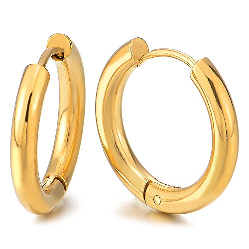 Pair Stainless Steel Gold Color Plain Circle Huggie Hinged Hoop Earrings for Men Women - COOLSTEELANDBEYOND Jewelry