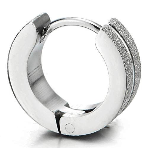 Pair Stainless Steel Grooved Huggie Hinged Hoop Earrings for Unisex Men Women, Satin Finishing
