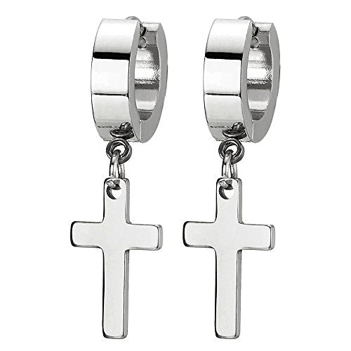 Pair Stainless Steel Huggie Hinged Hoop Earrings with Cross Men Women - coolsteelandbeyond