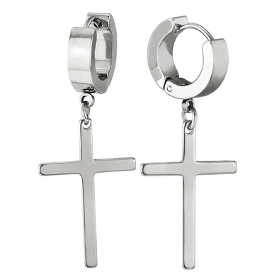 Pair Stainless Steel Huggie Hinged Hoop Earrings with Long Dangle Cross for Men Women - coolsteelandbeyond