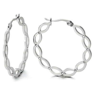 Pair Stainless Steel Huggie Hinged Hoop Flat Oval Link Earrings with Cubic Zirconia for Women - COOLSTEELANDBEYOND Jewelry