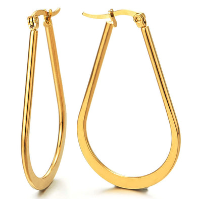 Pair Stainless Steel Large Flat Teardrop Huggie Hinged Hoop Earrings for Women Gold Color - COOLSTEELANDBEYOND Jewelry